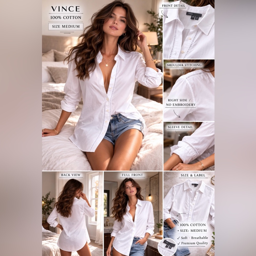 Vince White 100% Cotton Button Down Shirt Med Embroidered Trim Breathable Blouse - Picture 8 of 8